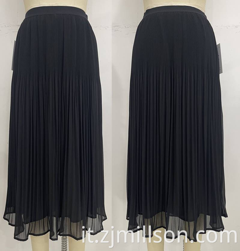 Woven Summer Black Elastic Band Pleated Skirt
